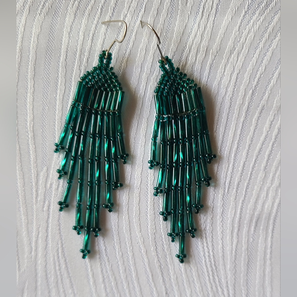 Handmade Huichol/Wixarica Green Beaded Earrings
